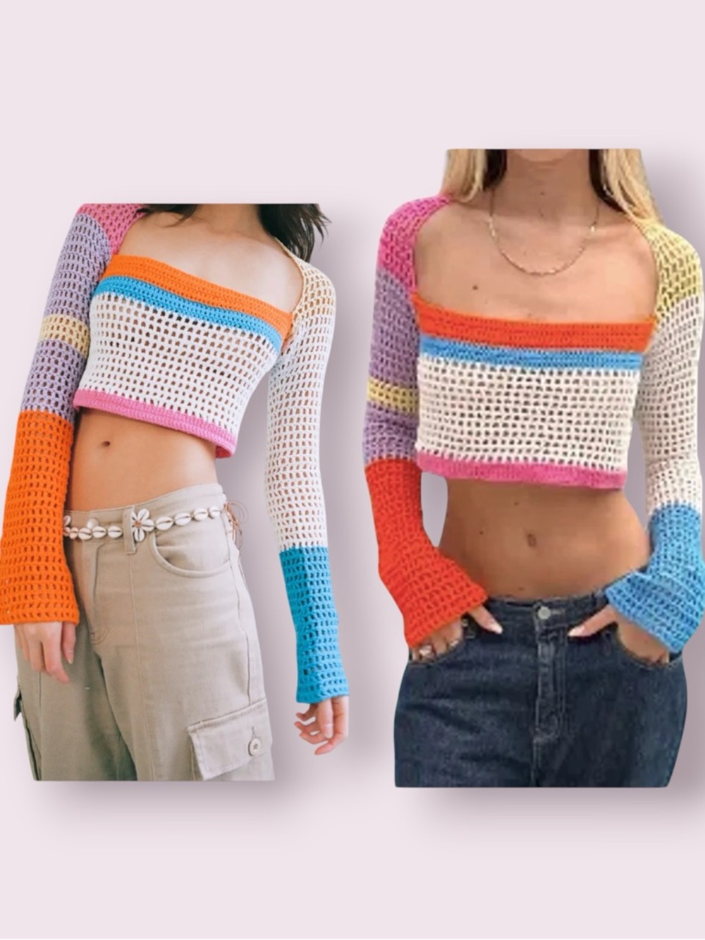 Scarlet and Sam Sleeved Powder Crochet Crop Top Color Block Size Large